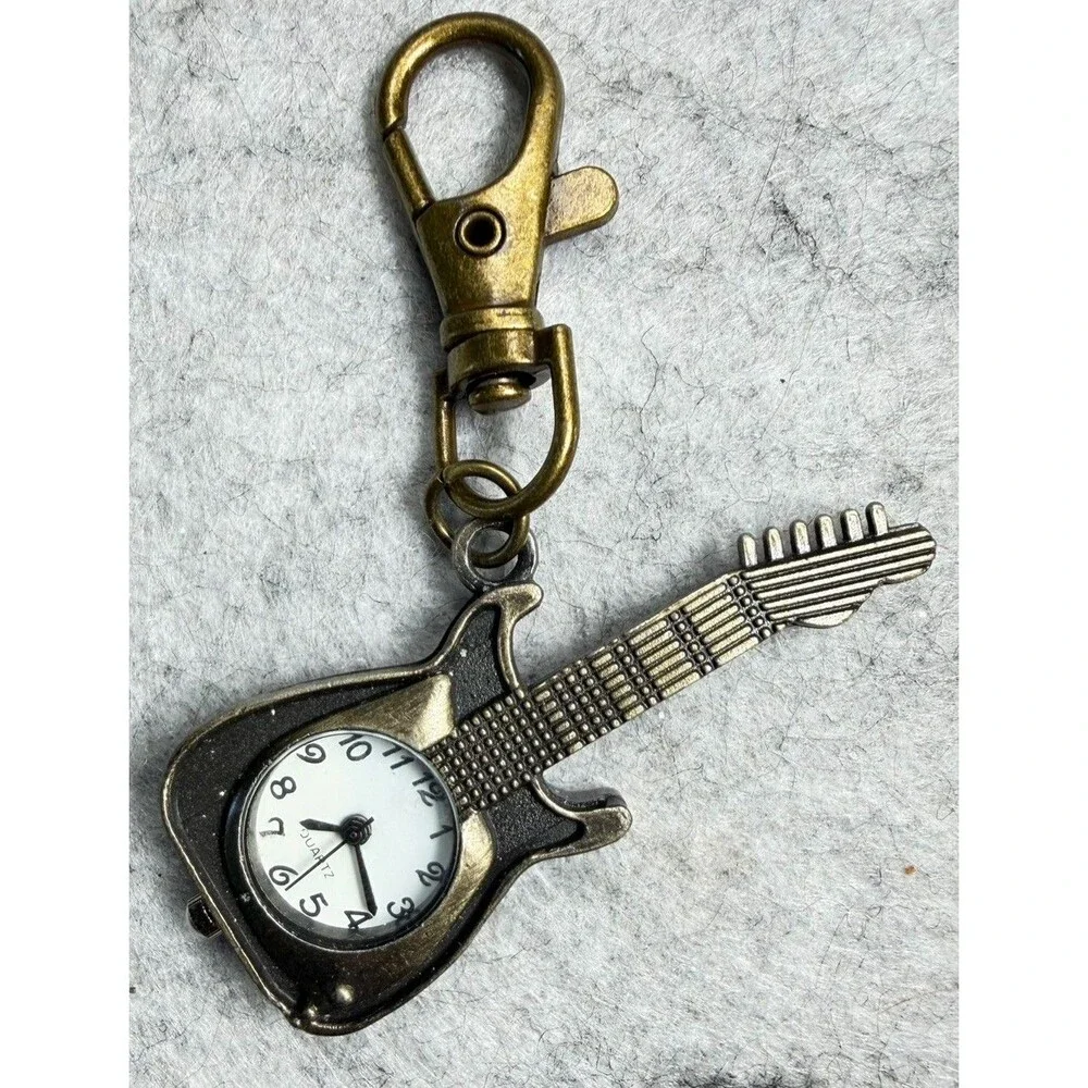Novelty Guitar Quartz Watch Keychain Bronze Tone Musician Gift Not Working